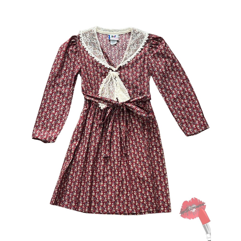 Vintage 70s Diane von Furstenberg Dress Girls 8 Lace Red Floral Cottagecore